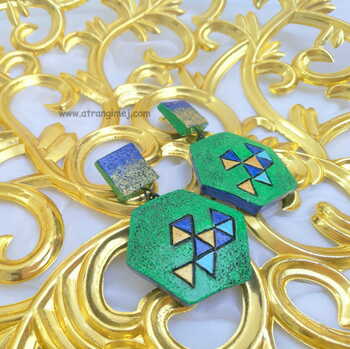 Hexagon Contemporary Earrings [Peacock Green & Blue]